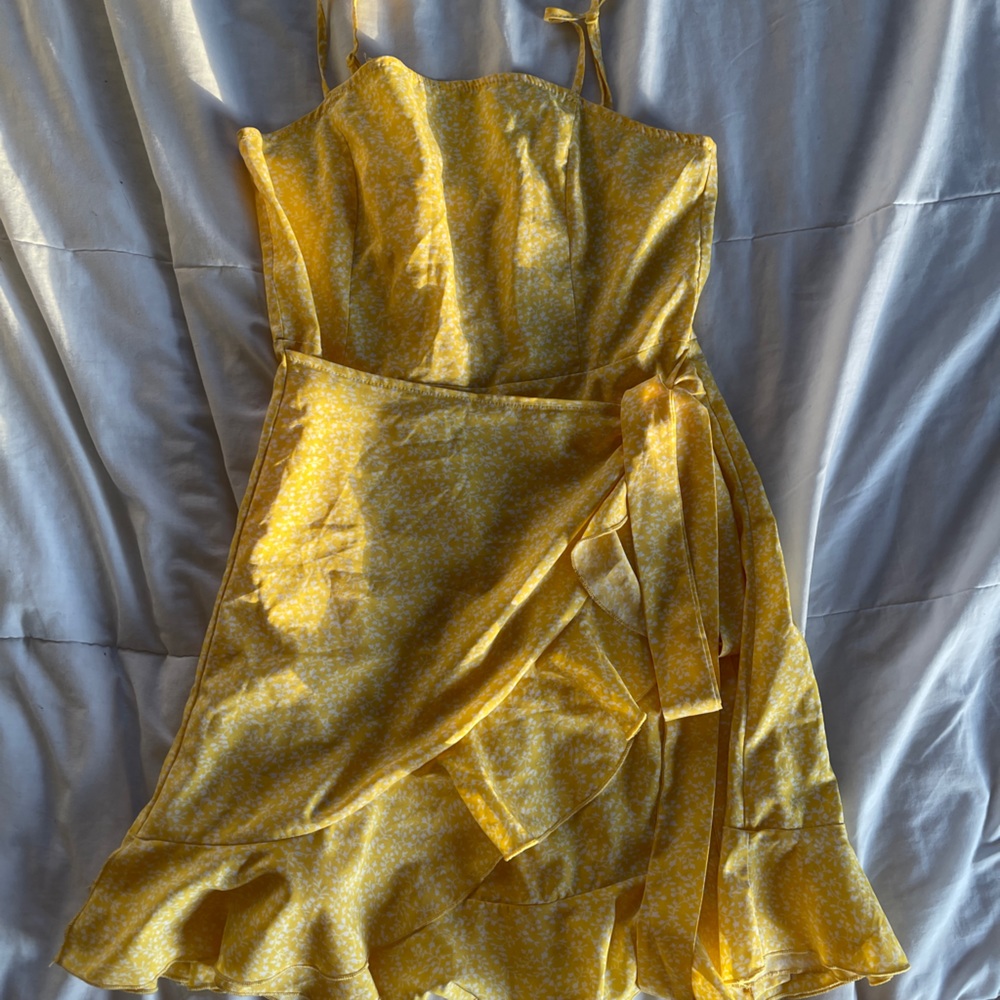 Shein yellow floral wrap dress, size L
